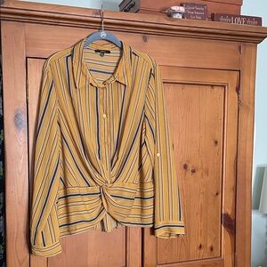 Mustard and Black Striped Women's Button Down Shirt